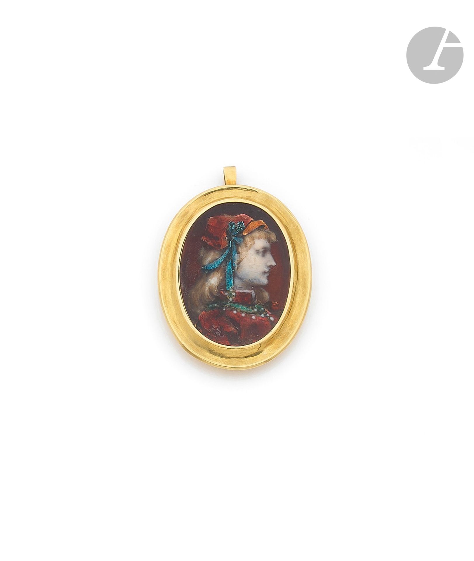 Null Pendente ovale in oro 18 carati (750) con miniatura smaltata in policromia &hellip;