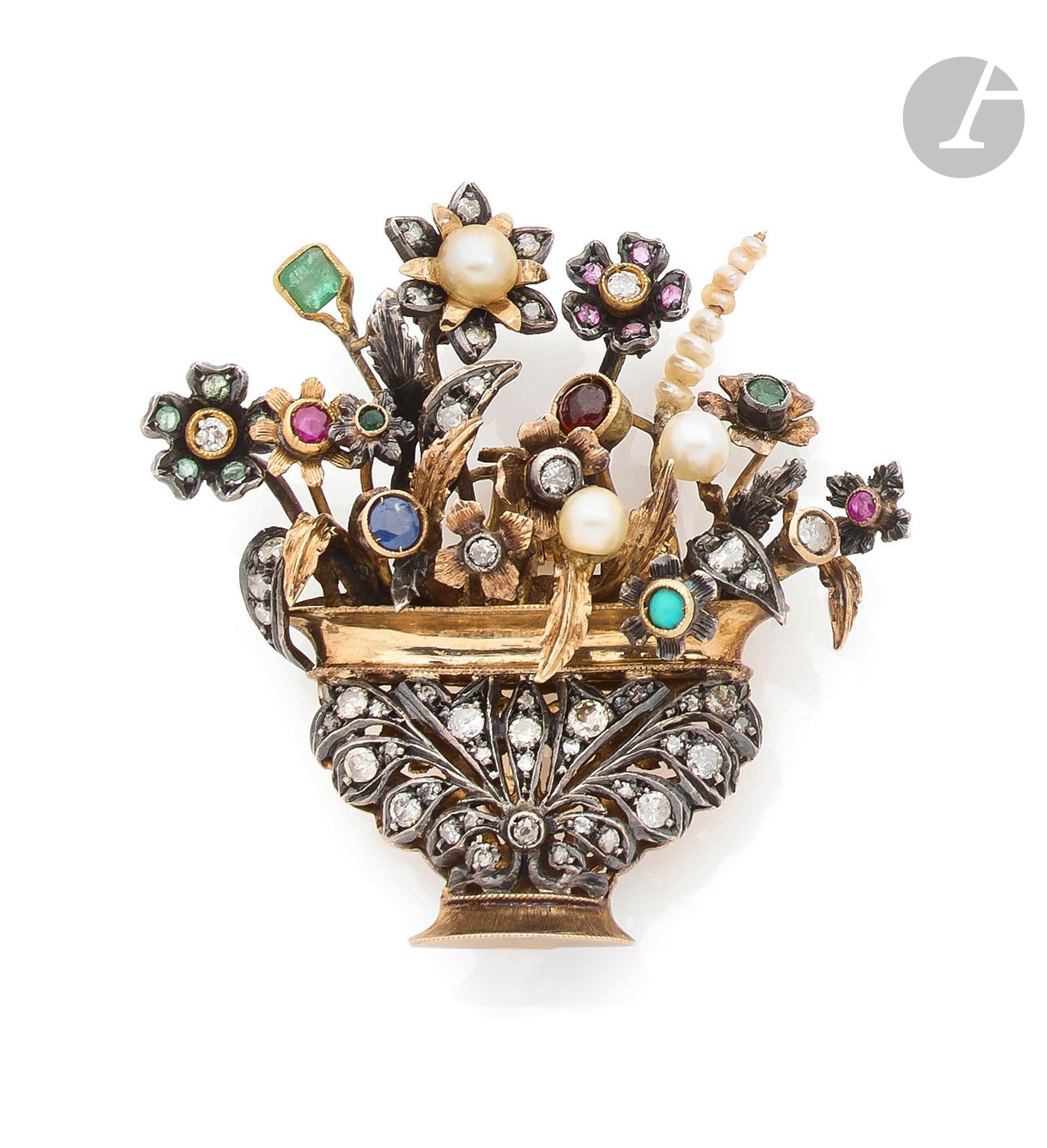 Null 14K (585)金银Giardinetti胸针，花朵上镶嵌着各种颜色的宝石：红宝石、蓝宝石、祖母绿、绿松石和老式切割或8/8钻石，用珍珠装饰，可能是&hellip;