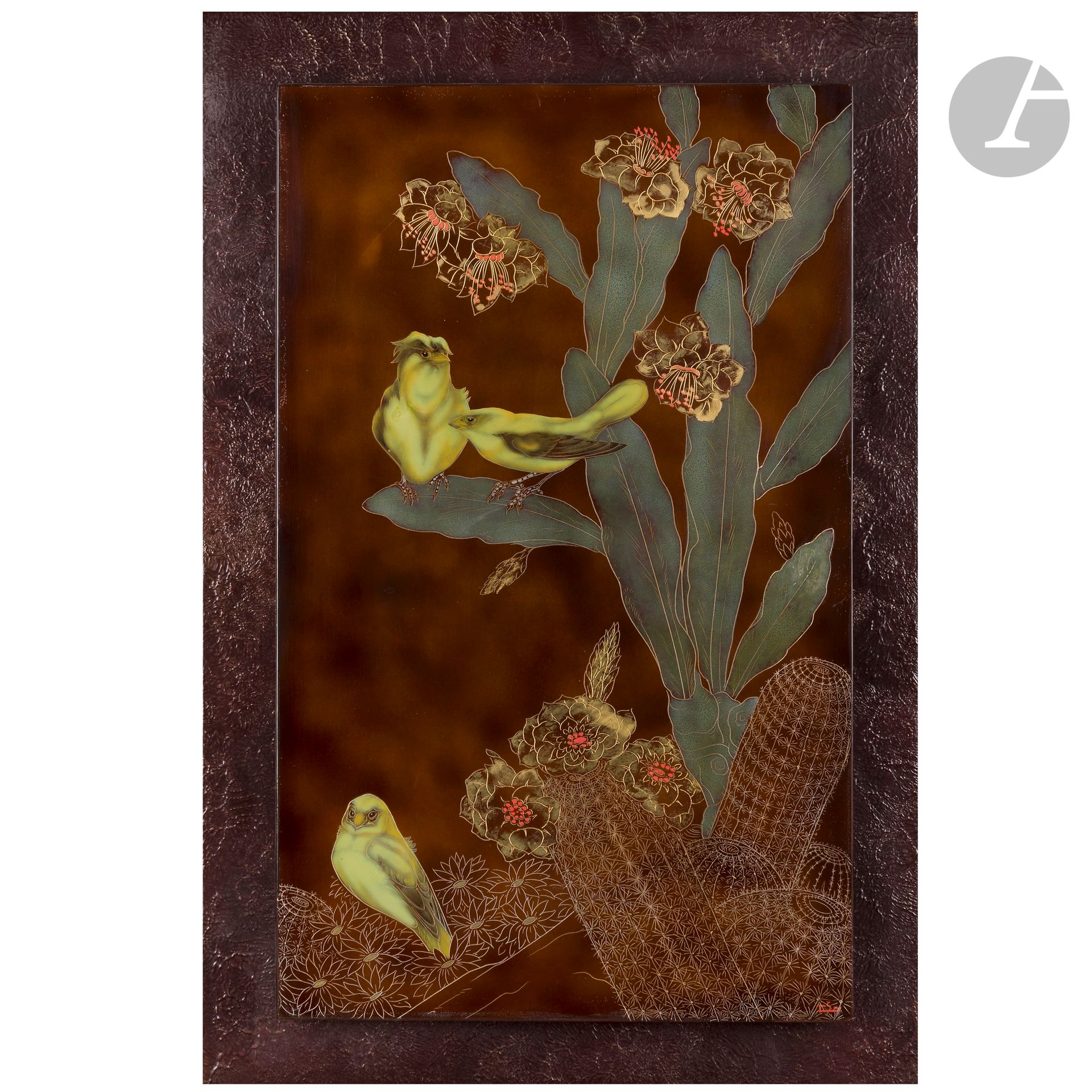Null 加斯顿-苏斯(1896-1988)
开花的仙人掌中的塞林和凤头塞林
装饰板与艺术家制作的原始框架。 
玳瑁漆背景上的多色漆雕刻；切口用金色突出，花朵用&hellip;