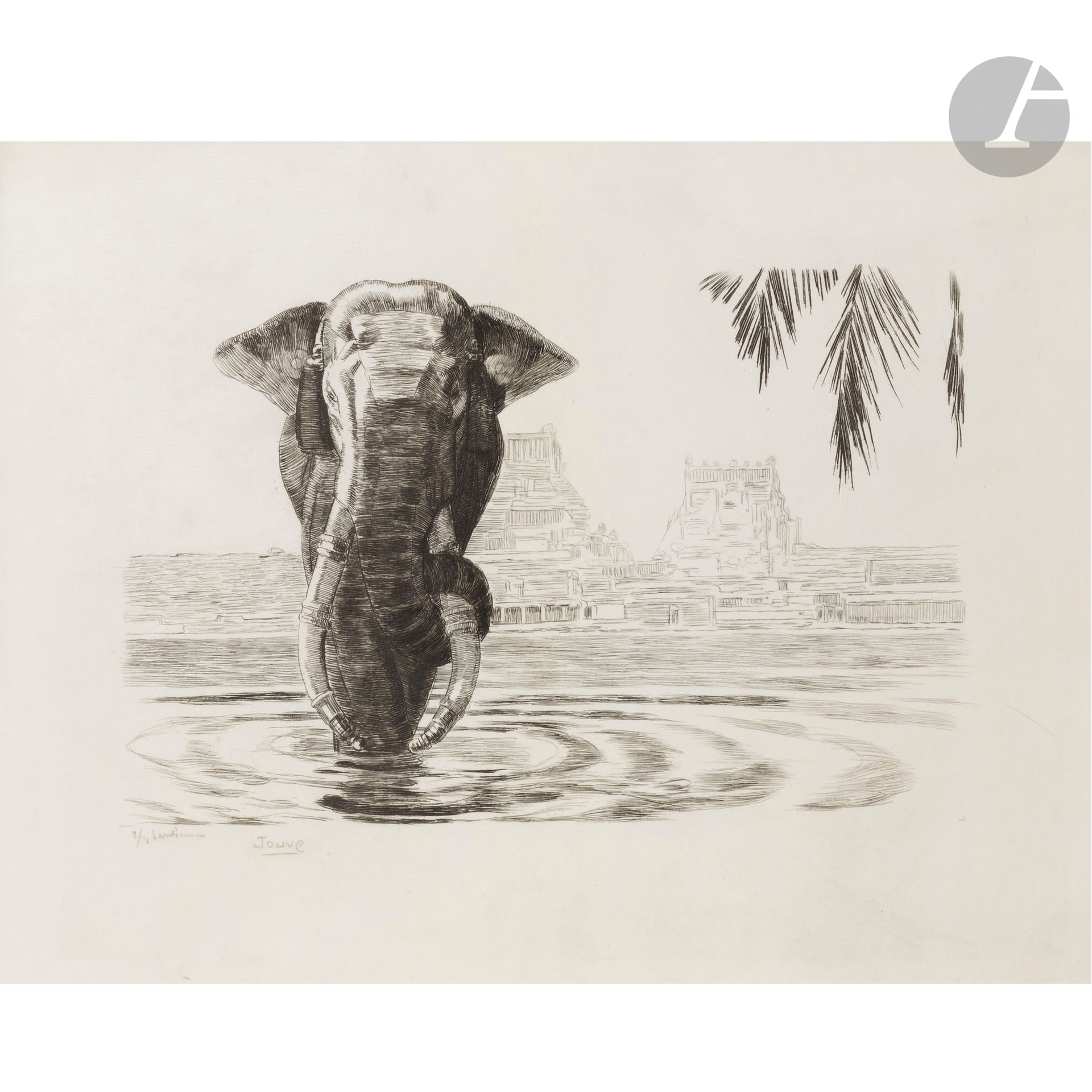 Null 保罗-茹夫(1878-1973)
马杜拉的大象，1931年，羊皮纸印刷品，编号为3/4
羊皮纸上的原始蚀刻画；完整的原始宽页边。
呈现在玛丽-路易丝与&hellip;