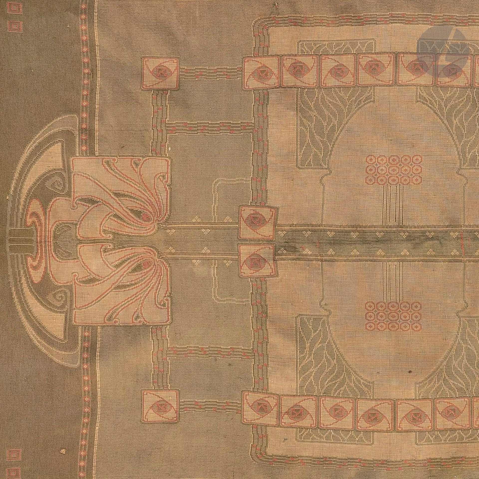 Null 彼得-贝伦斯（1868-1940）风格的Jugendstil作品
风格化的花卉图案，几何图案，储备图案
非常罕见的地毯，可以作为桌毯使用。
编织的纺织&hellip;