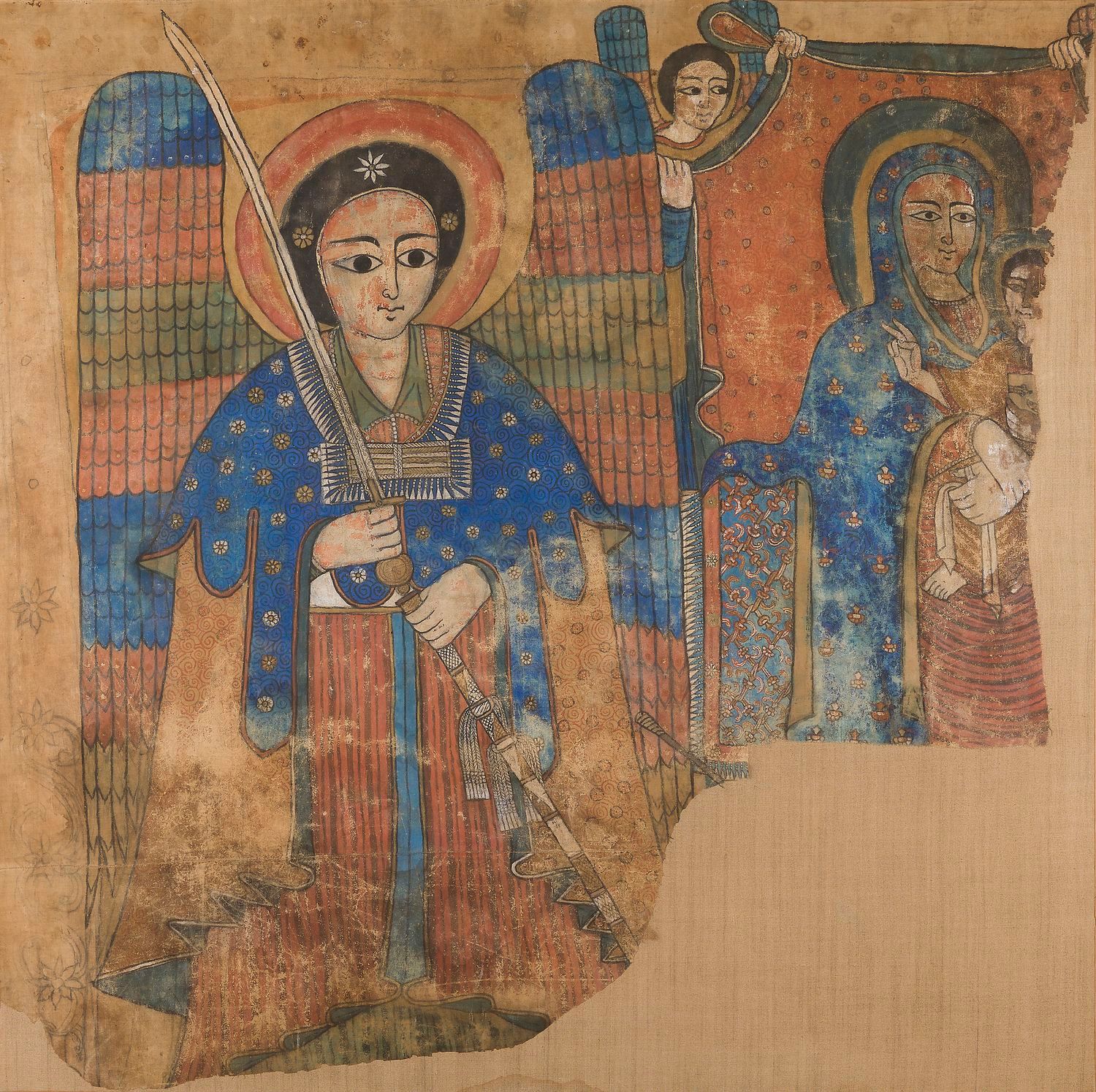 Null 大天使手持剑和剑鞘的表现，在玛丽和耶稣的右边，零碎的，上面有天使拿着面纱。如果我们参考1933年与达喀尔-吉布提代表团合作的埃塞俄比亚牧师和画家卡萨的&hellip;