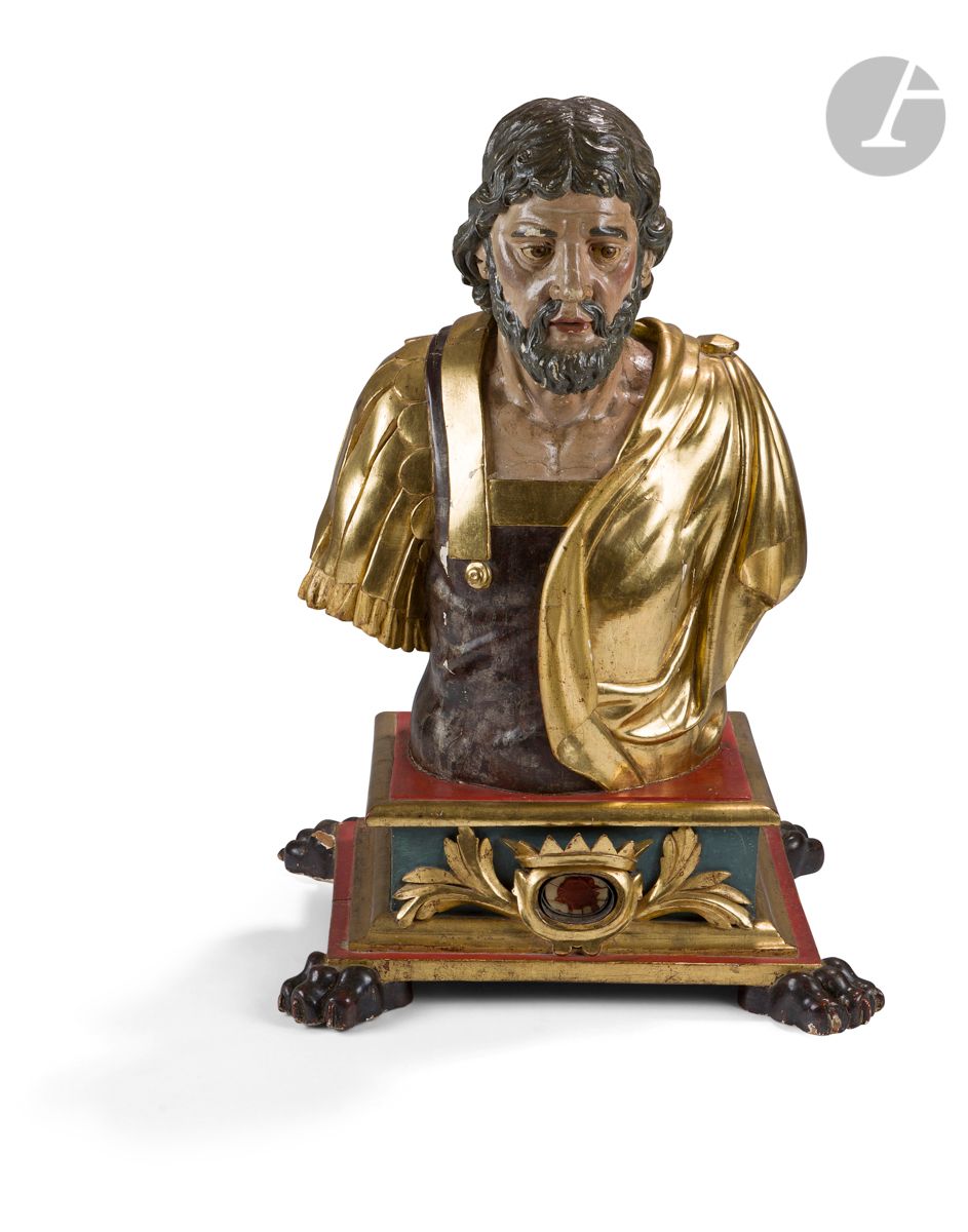 Null 雕刻、多色和镀金木质的军事圣徒半身雕像。
意大利，17世纪
高度：78厘米
(小事故，镀金的恢复)