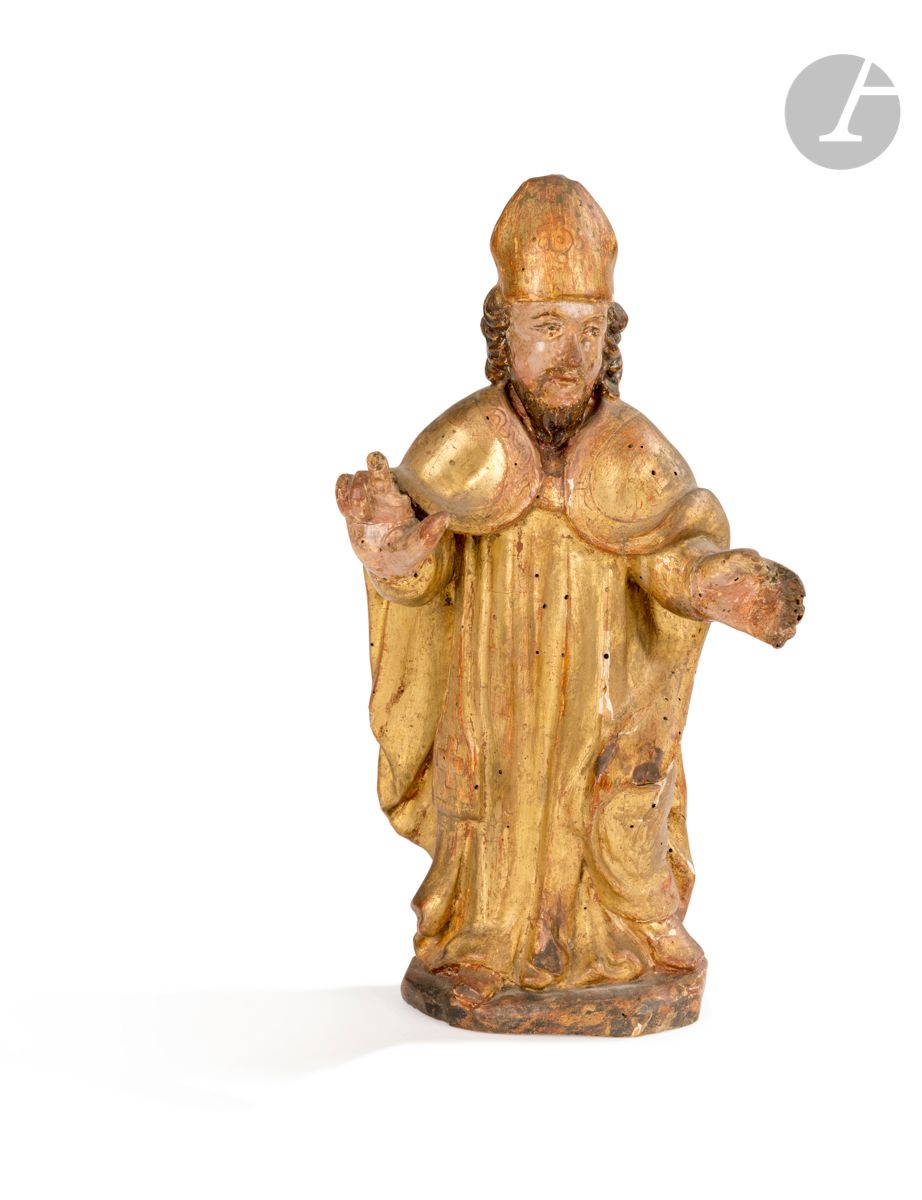 Null 雕刻、多色和镀金的木制圣主教。
17世纪
高：30,5厘米
(小虫洞和轻微损坏)