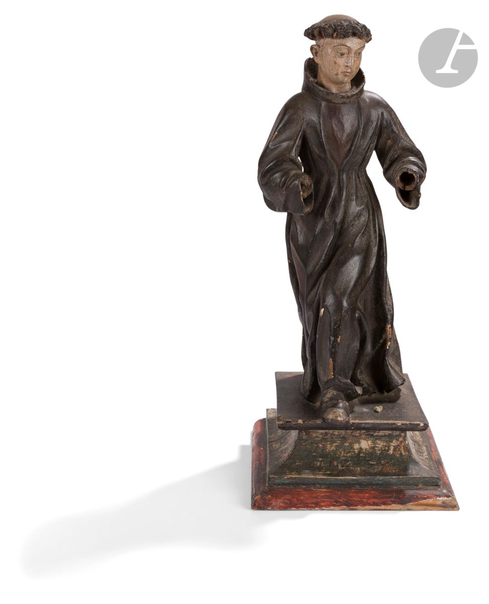 Null Saint franciscain en bois sculpté en ronde-bosse et polychromé, tête amovib&hellip;