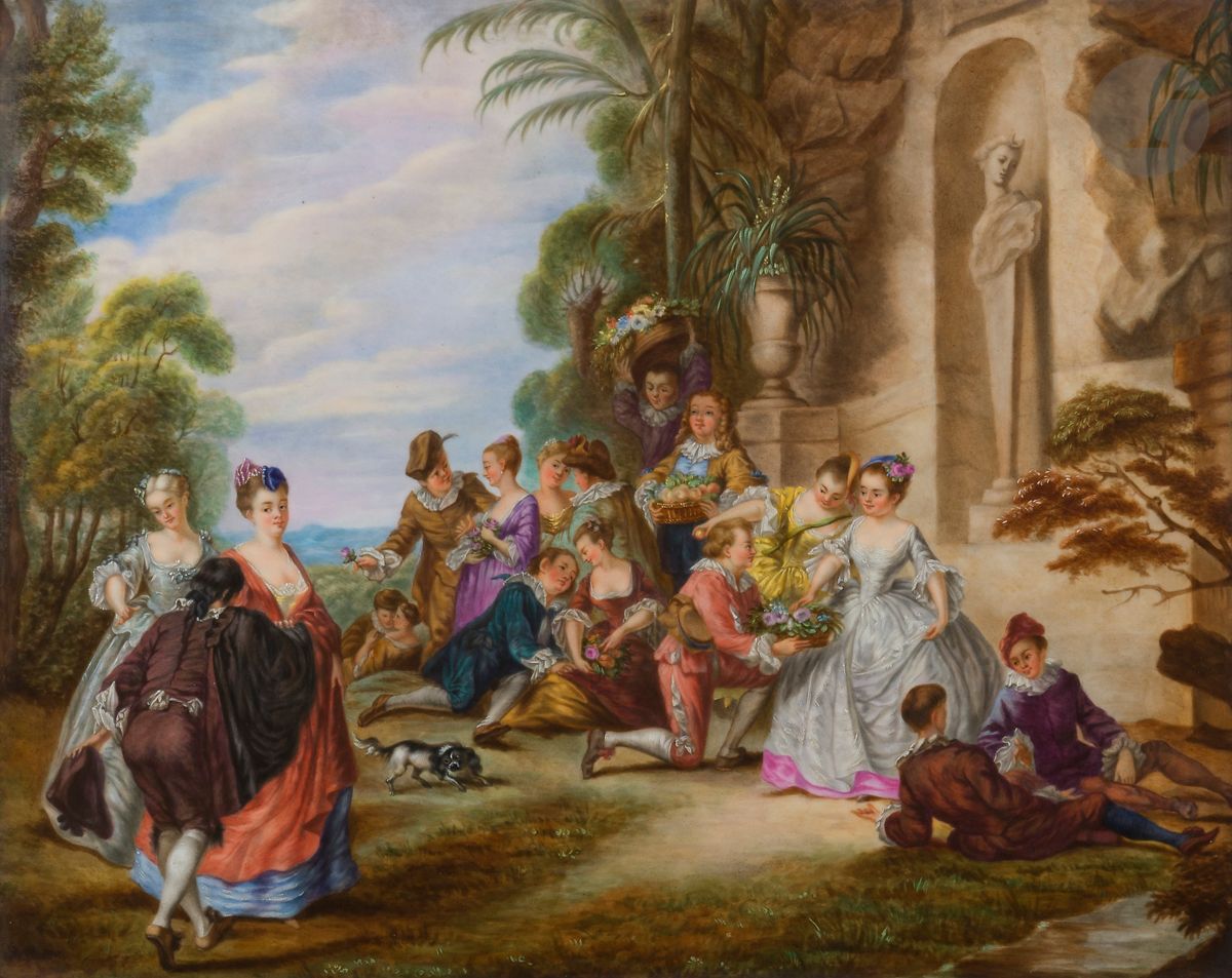 Null 巴黎
长方形的瓷盘，上面有多色的装饰，是朗克雷特风格的在公园里开会的加隆人。
19世纪。 
32 x 40厘米