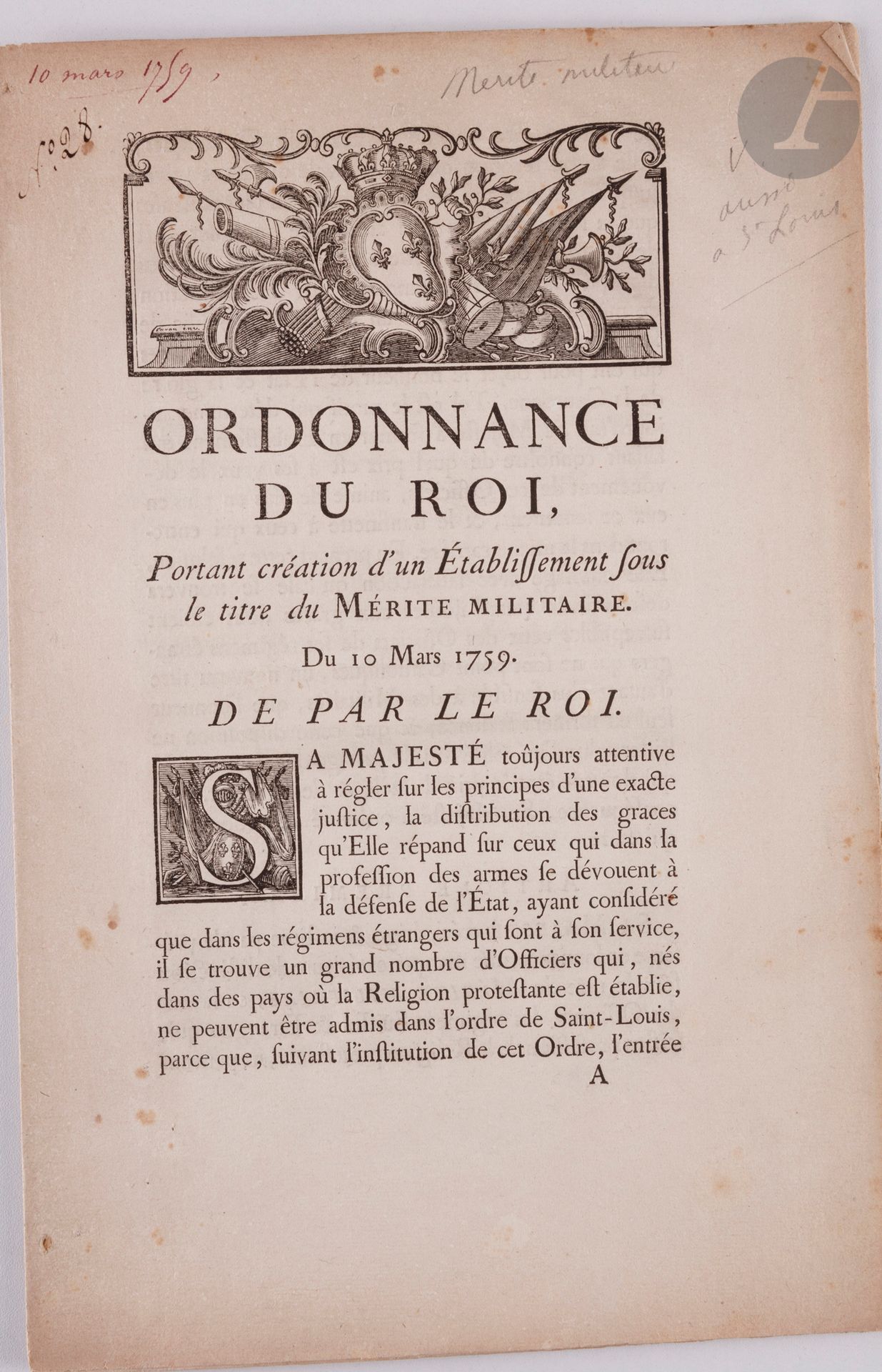 Null FRANCE 
INSTITUTION DU MÉRITE MILITAIRE (1759)
Ordonnance du Roi portant cr&hellip;