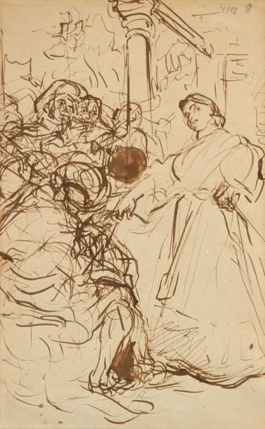 Alfred DEHODENCQ (1822 - 1882) Espagne, étude de personnages. Dessin à l'encre. &hellip;