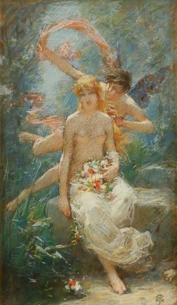 Alexandre - Jacques CHANTRON (1842 - 1918) Psyché et Cupidon. Pastel sur papier &hellip;