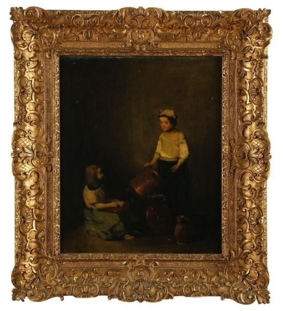 Théodule - Augustin RIBOT (1823 - 1891) Les Petites récureuses. Huile sur toile.&hellip;