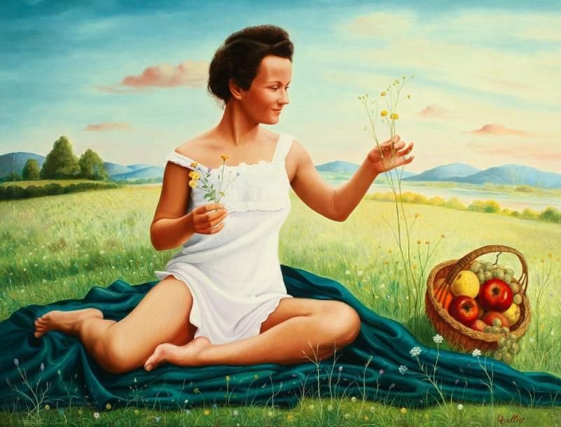 André QUELLIER (1925-2010) Jeune femme au panier de fruits Huile sur panneau. Si&hellip;