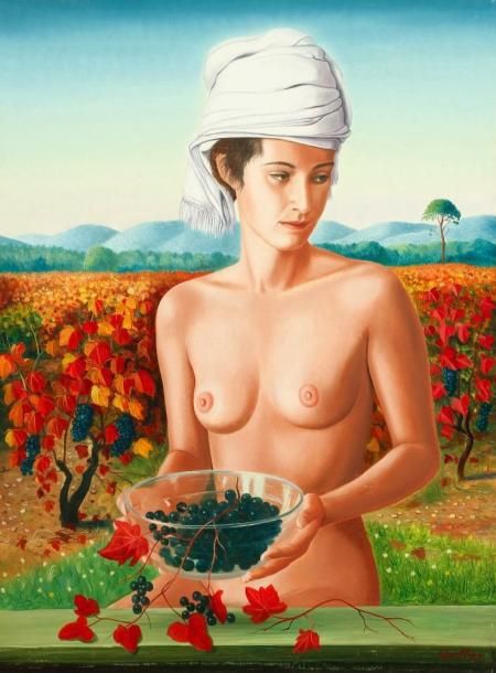 André QUELLIER (1925-2010) Jeune fille dans les vignes rouges Huile sur panneau.&hellip;