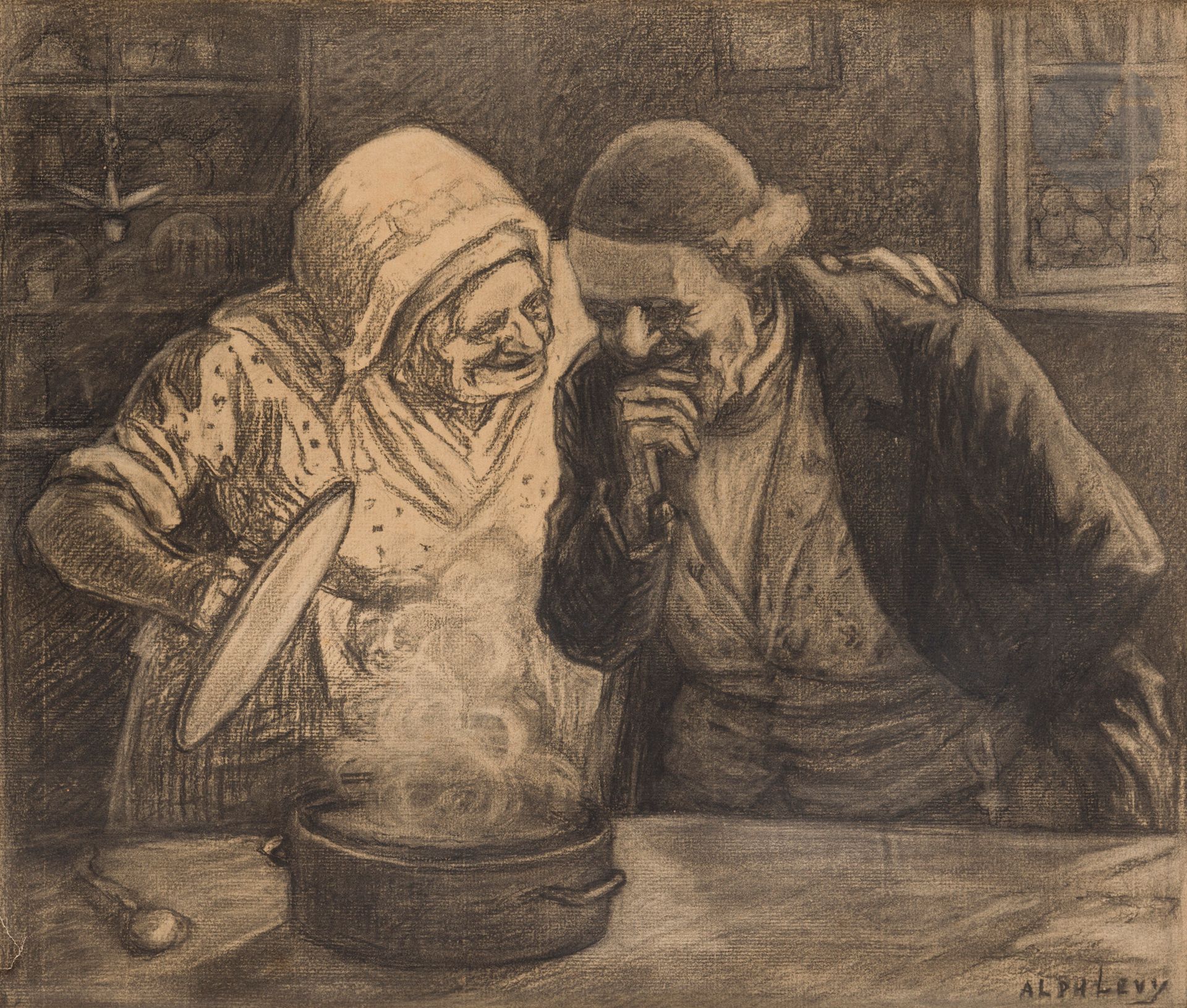 Null Alphonse LEVY (1843-1918) 
The Good Soup 
Charcoal and graphite. 
Signed lo&hellip;