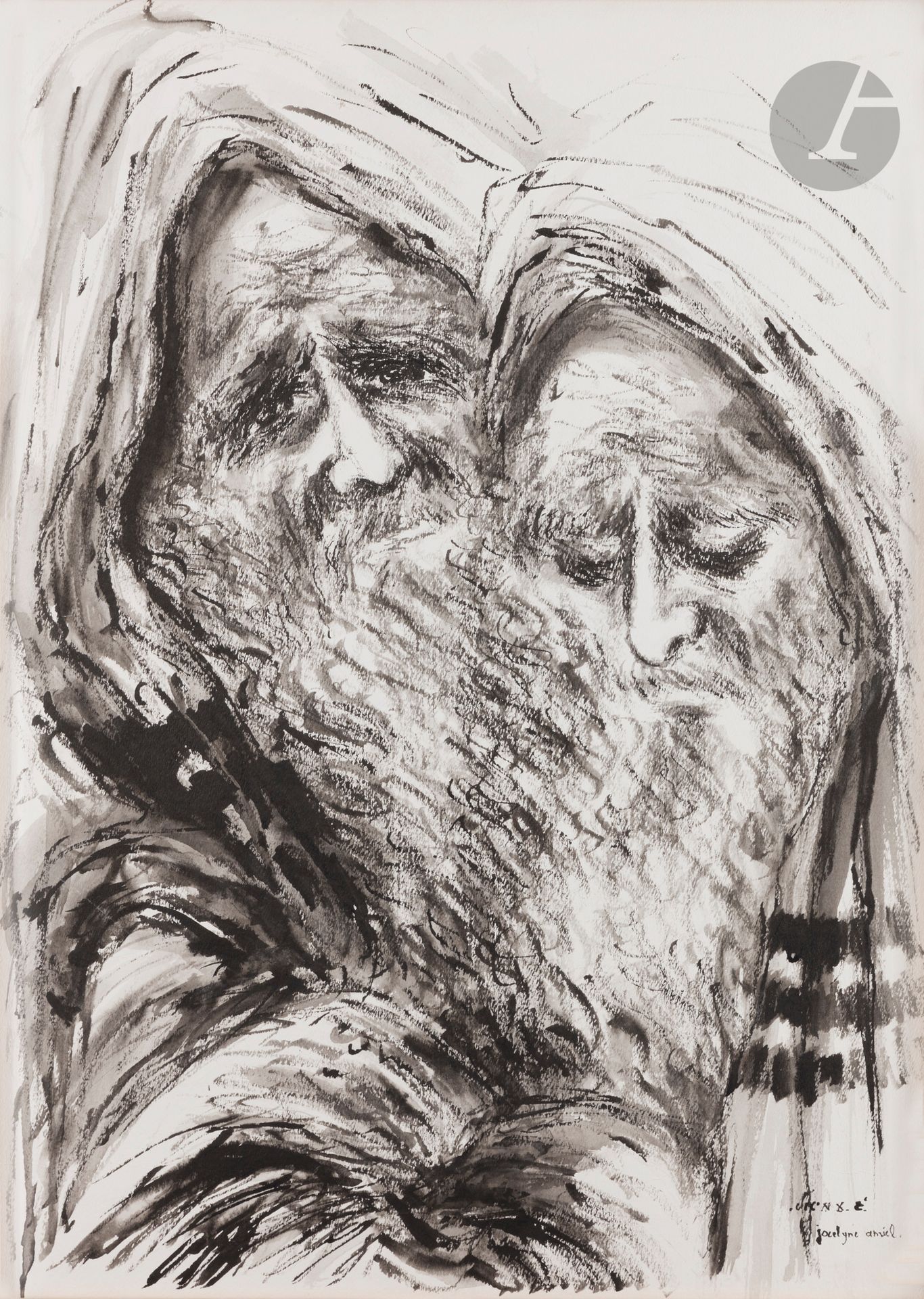 Null Jocelyne AMIEL (20th century)
Old Jews with talit
Ink on paper. 
Signed low&hellip;