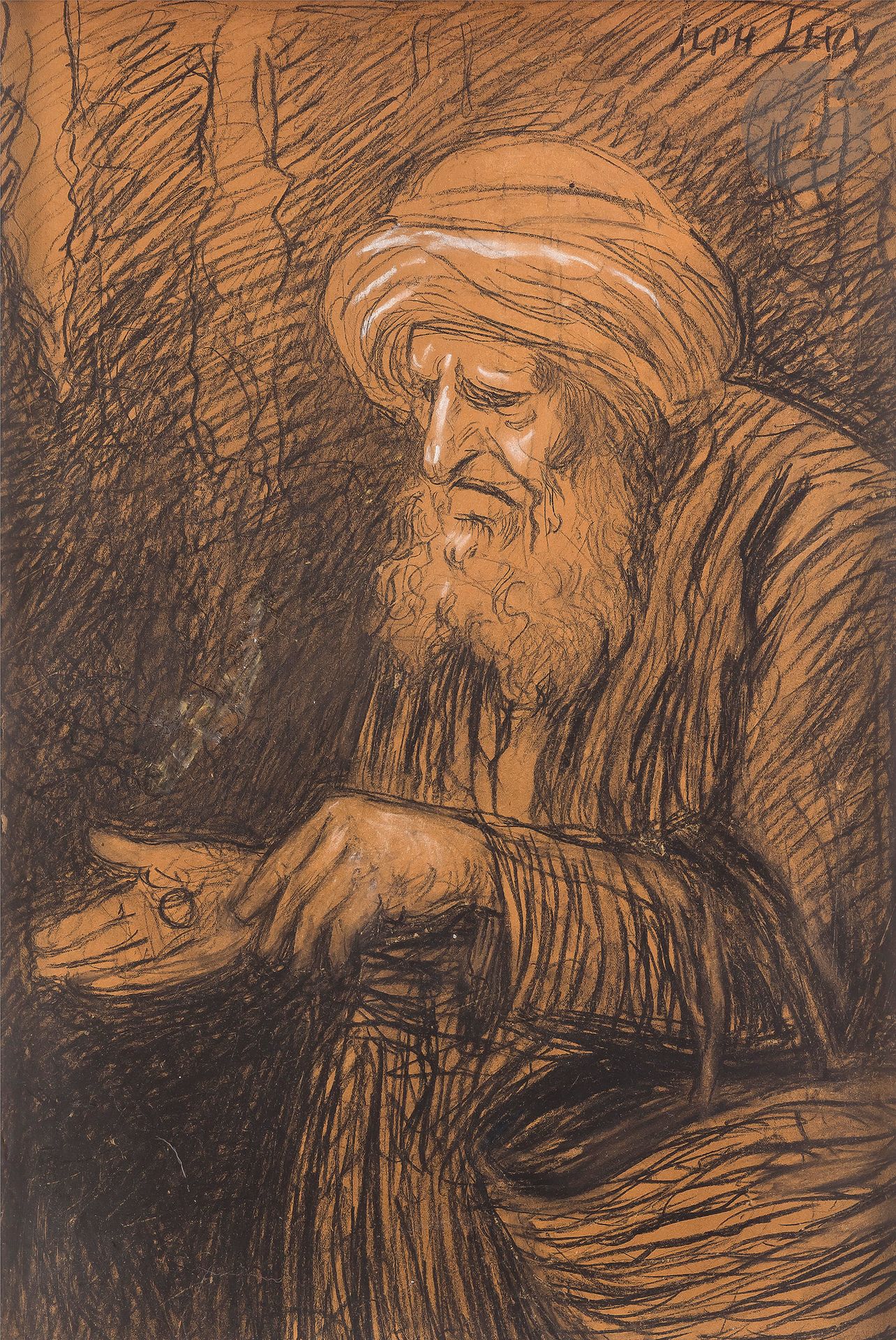 Null Alphonse LEVY (1843-1918) 
Juif au sou 
Fusain et craie blanche contrecollé&hellip;