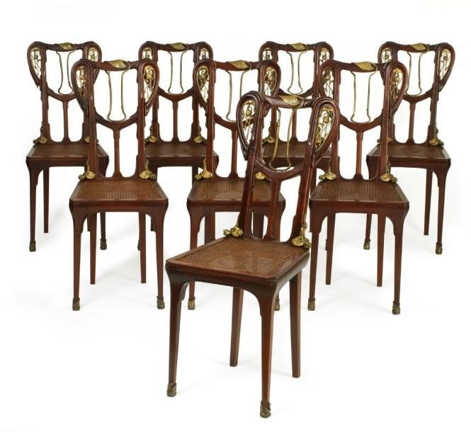 Louis MAJORELLE (1859-1926) Aux nénuphars . Exceptionnelle suite de huit chaises&hellip;