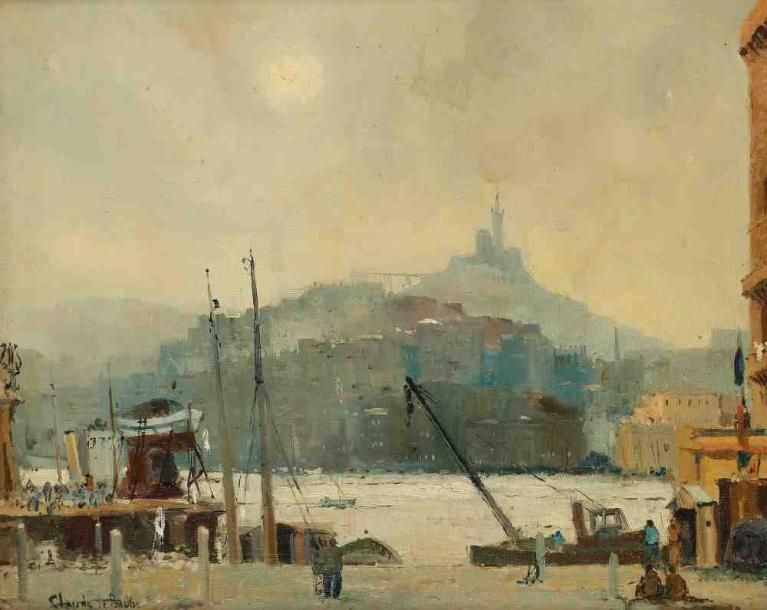 Claude Le BAUBE (Né en 1919) Marseille, le port. Huile sur toile, signée en bas &hellip;