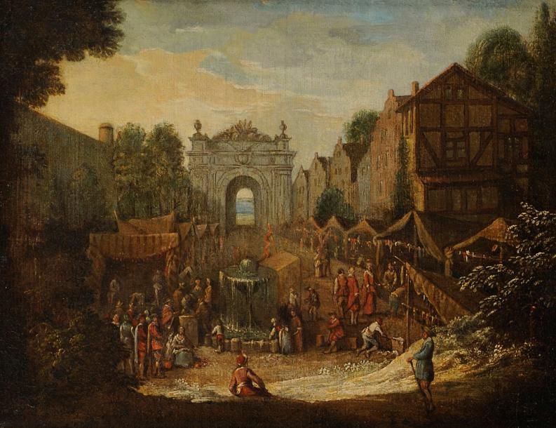 École FRANÇAISE du XVIIIe siècle 
Scène de marché
Toile.
23 x 29 cm
Provenance:
&hellip;