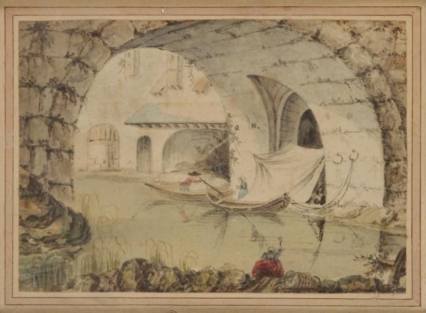 École Française du XIXe siècle 
Pêcheurs sous un pont
Lavis gris et aquarelle.
1&hellip;