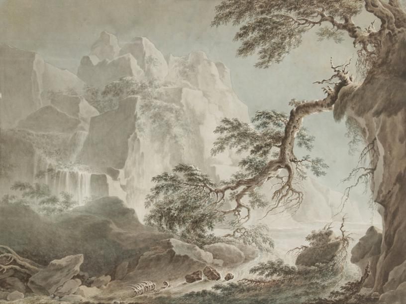École Française du XIXe siècle 
Paysage de montagne à la cascade et aux grands a&hellip;
