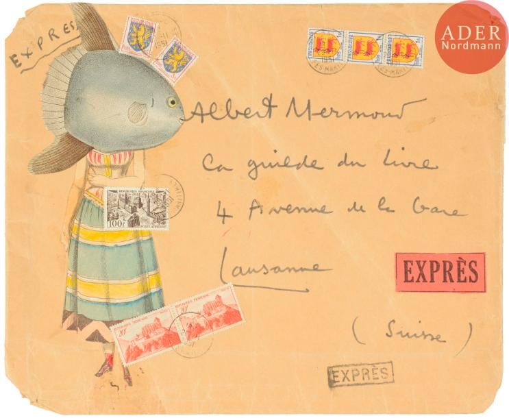 Null Jacques PREVERT (1900-1977)
Femme poisson
Collage sur enveloppe.
Adressée à&hellip;