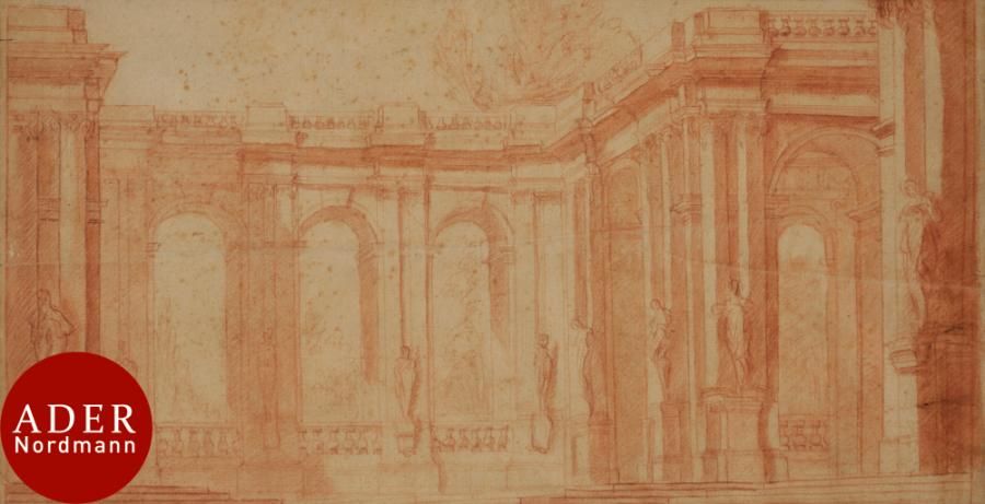 Null ÉCOLE FRANÇAISE début XVIIIe siècle
Projet de décor avec colonnades
Sanguin&hellip;