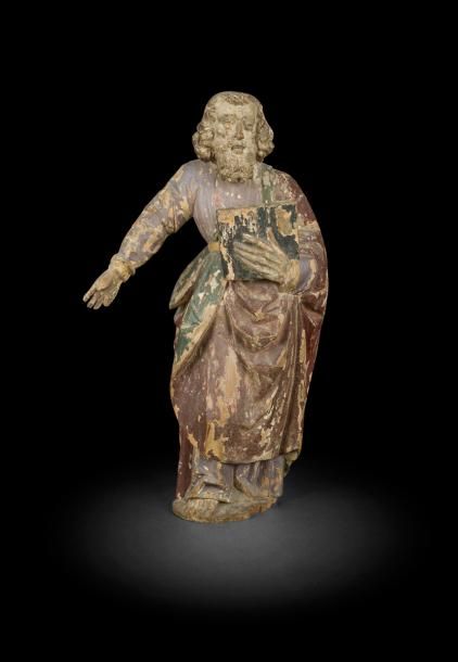 Null Saint Evangéliste en bois sculpté, polychromé avec restes de dorure, dos éb&hellip;