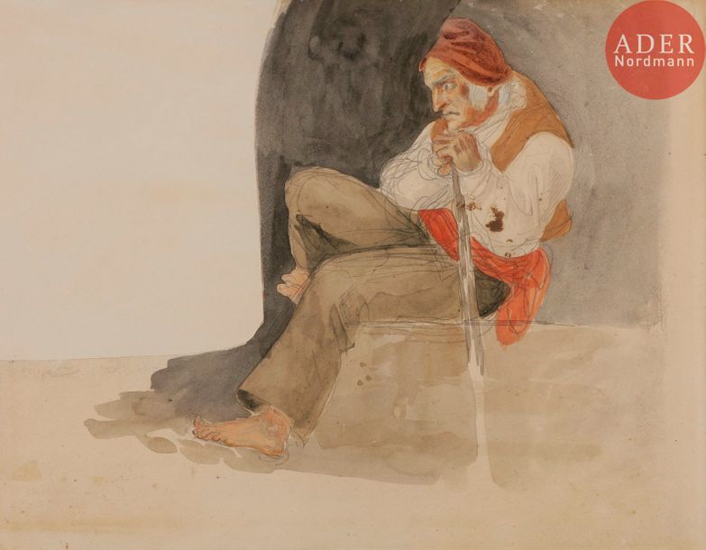 Null Eugène DELACROIX (1798-1863)
Paysan assis sur un muret
Aquarelle et crayon &hellip;