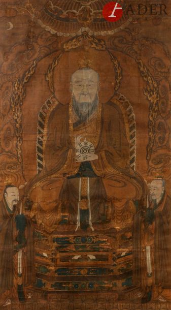 Null CHINE - XIXe siècle
Encre et couleurs sur soie, portrait d’un taoïste assis&hellip;