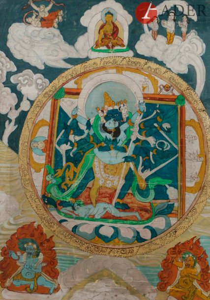 Null TIBET - XXe siècle
Tangka, détrempe sur toile, Hevajra à quatre têtes et do&hellip;