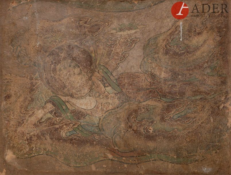 Null CHINE - Époque MING (1368 - 1644)
Fragment de peinture murale sur stuc, Aps&hellip;
