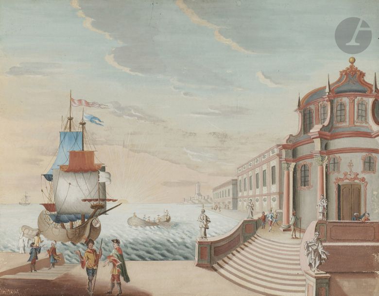 Null ÉCOLE DE L’EST du XVIIIe siècle
Vues de ports animés
4 gouaches.
16 x 21 ch&hellip;