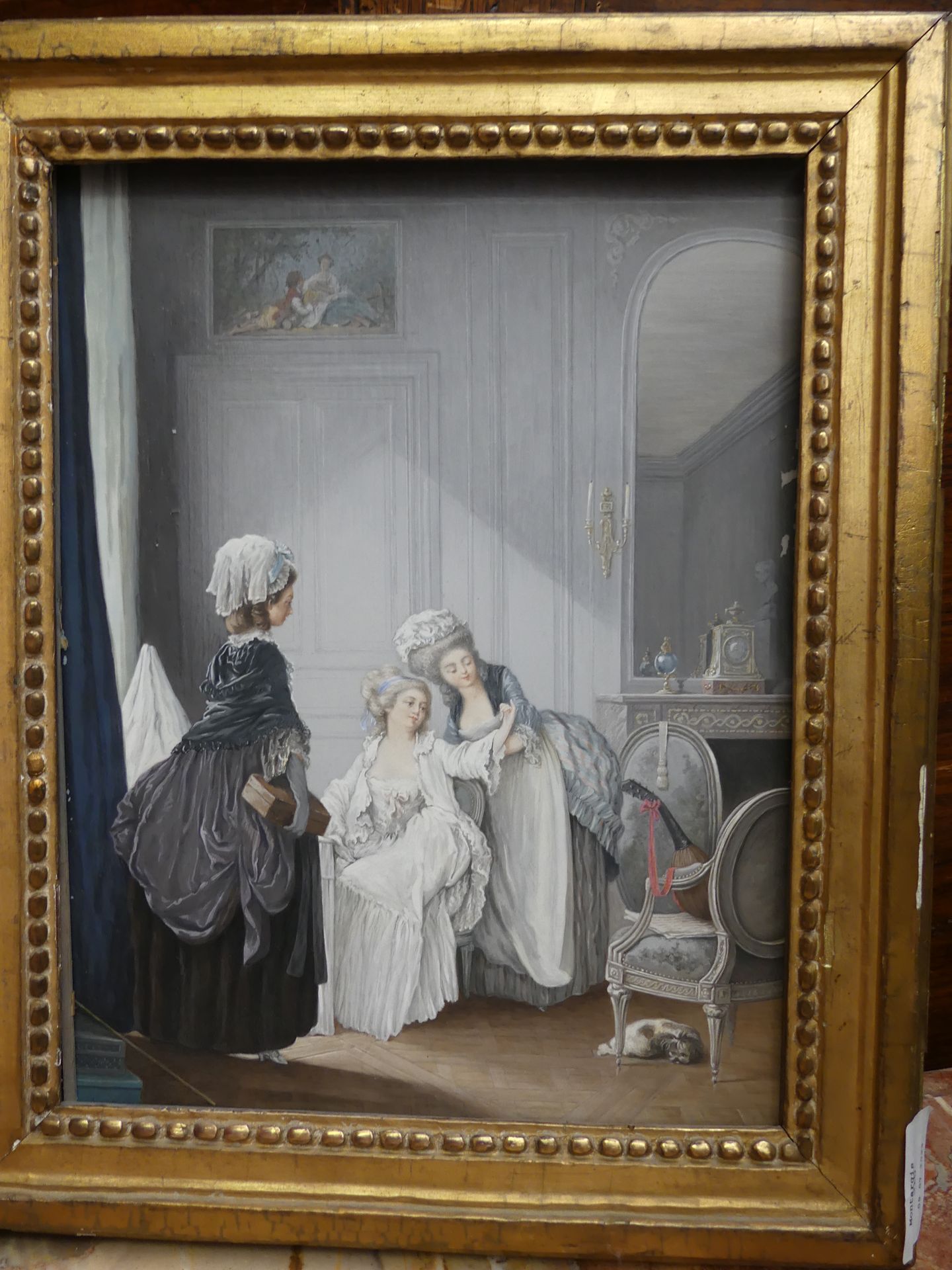 Null Watercolor "Conversation à Trois" in a golden frame LXVI 29 x 22 cm