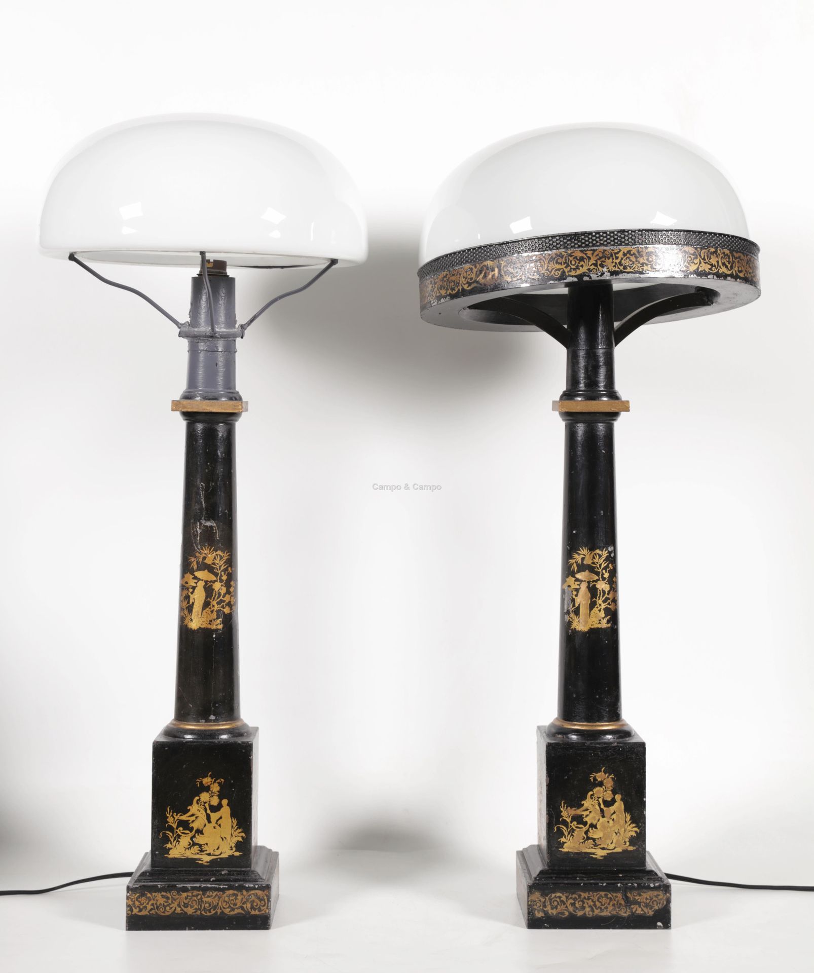 VARIA Pair of Charles X floor lamps in painted sheet metal and leather in the sh&hellip;