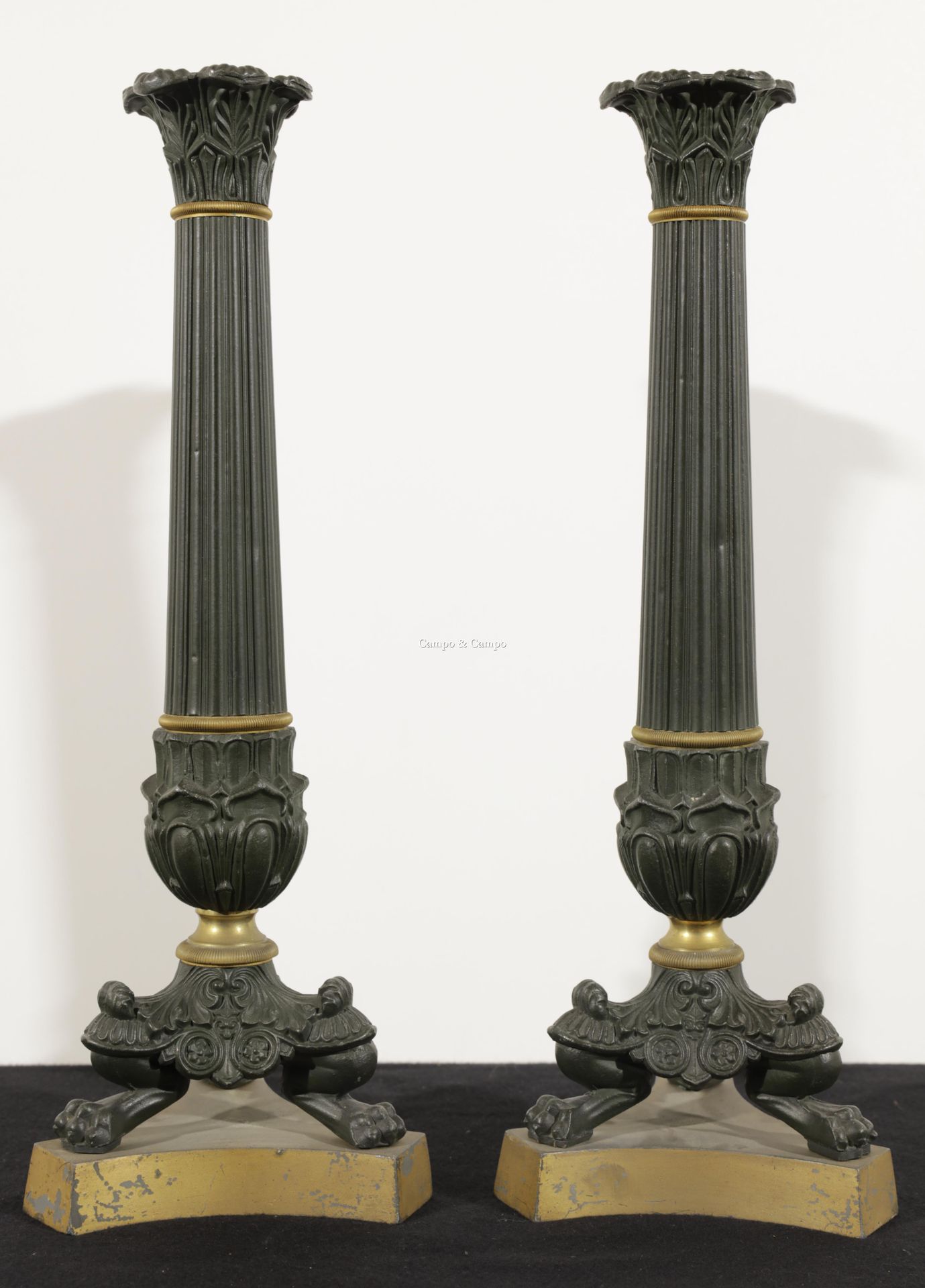 VARIA Pair of Restoration style candelabras in metal and bronze in the form of C&hellip;