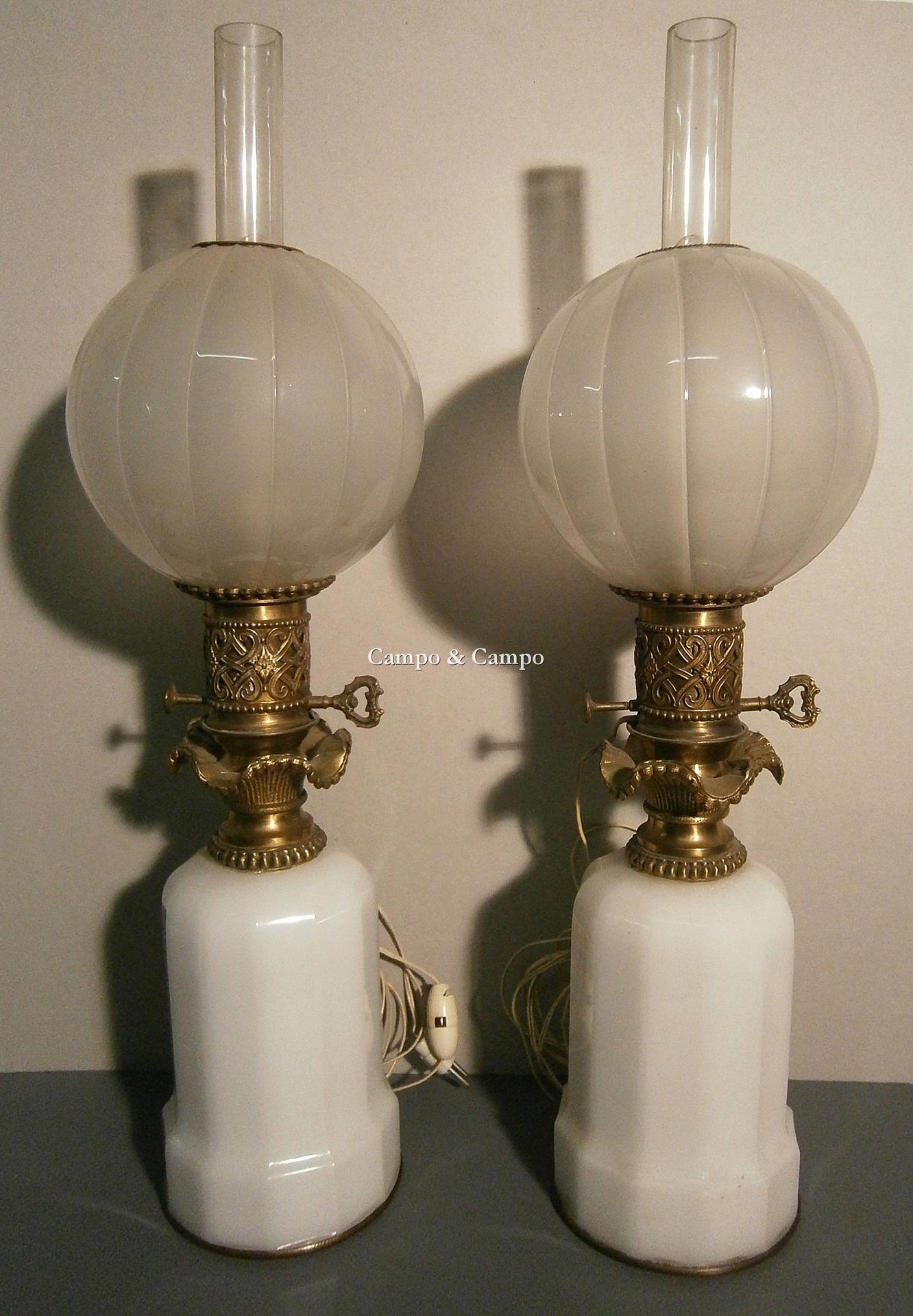 VARIA Pair of oil lamps Charles X/ Louis- Philippe in light opalinegris with bro&hellip;