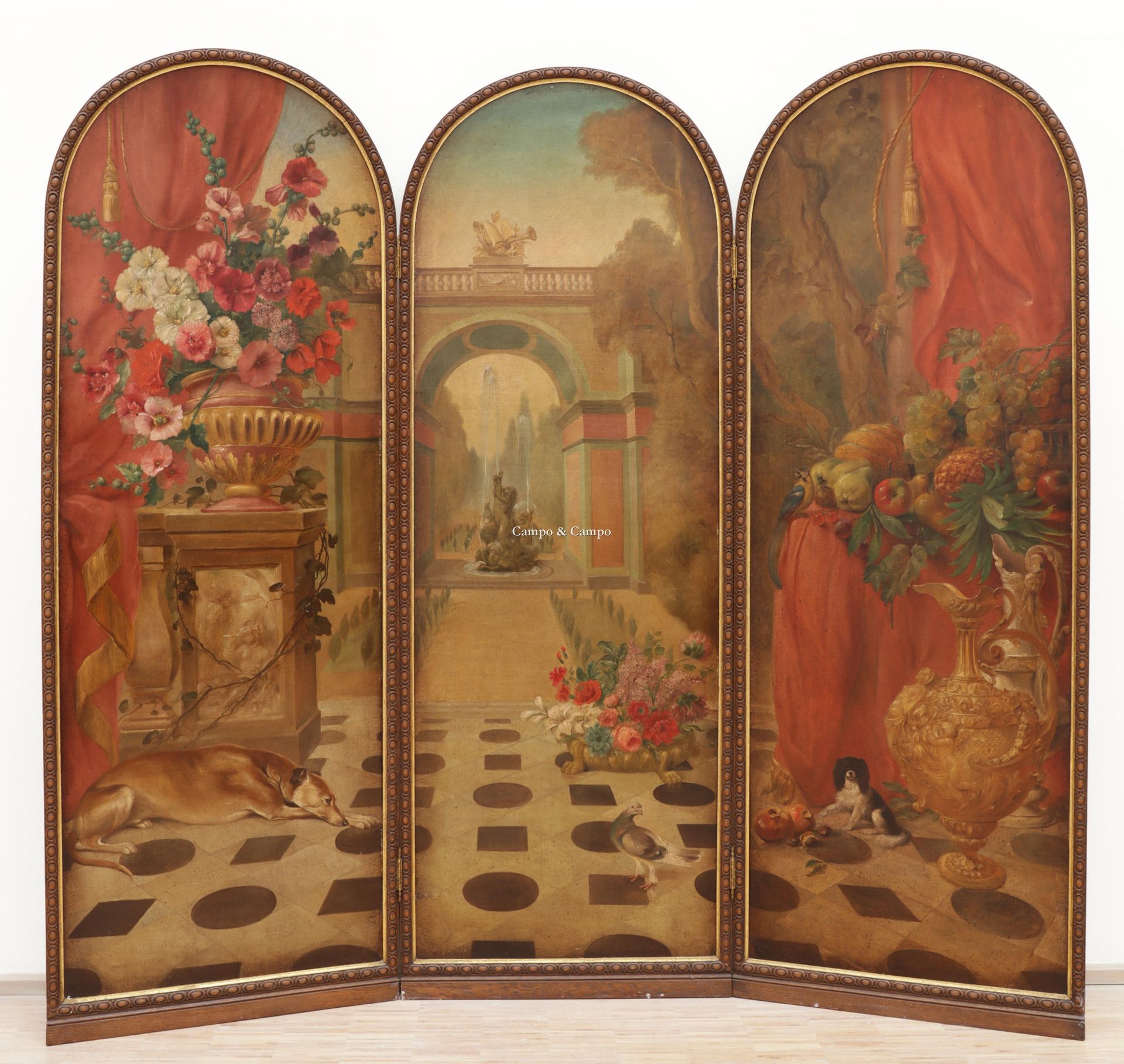 VARIA A three-leaf folding screen with a decoration of a pleasure garden in the &hellip;