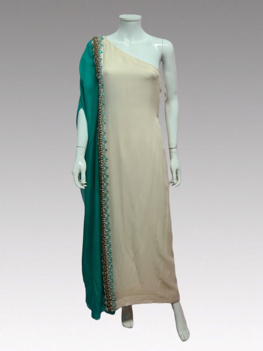 Null 希腊的Jean DESSES - Ecru, turquoise silk chiffon LONG EVENING DRESS，不对称的单肩上衣，装&hellip;