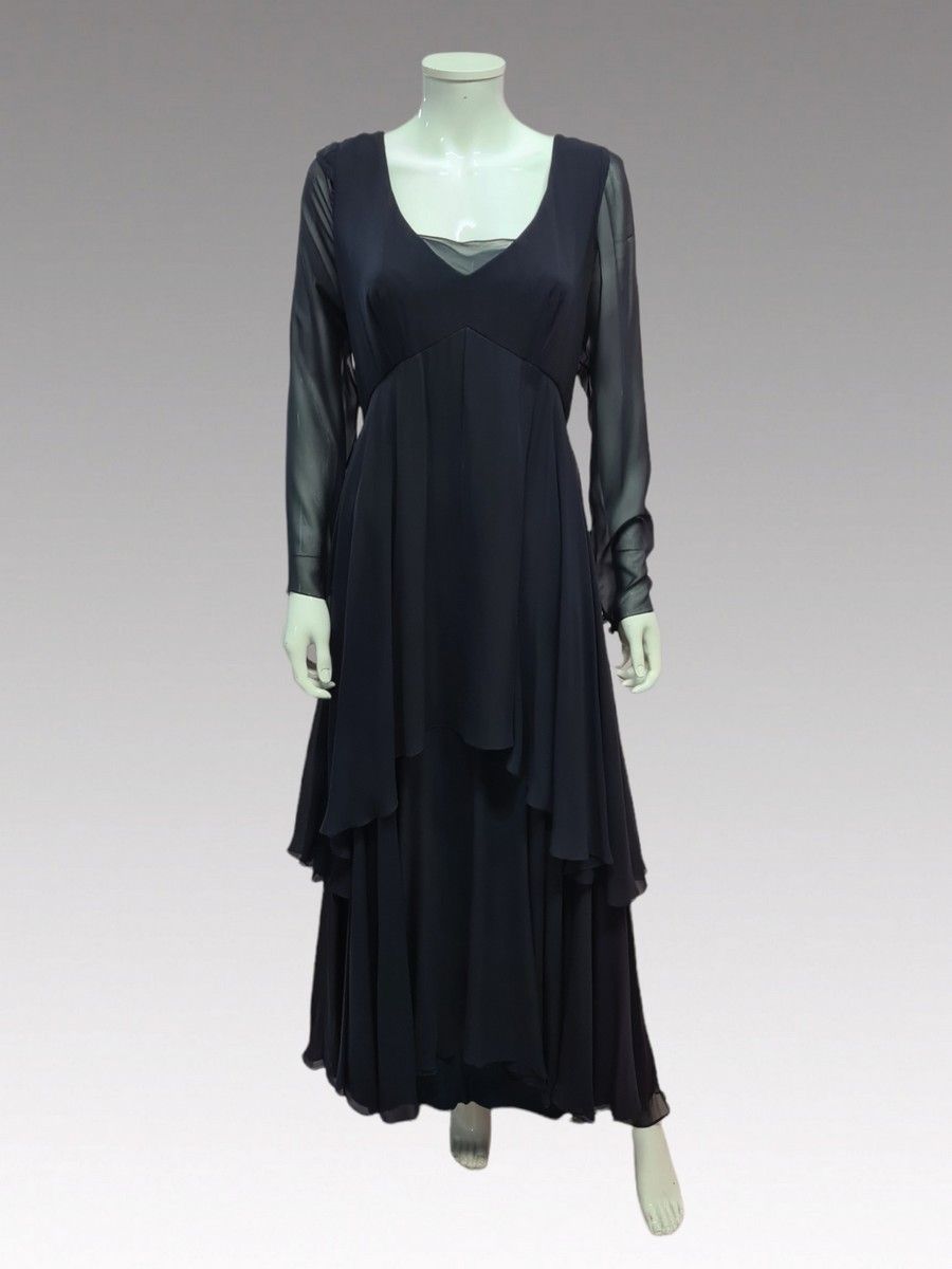 Null Jacques FATH - Langes Kleid aus marinefarbenem Seidenkrepp, V-Ausschnitt au&hellip;