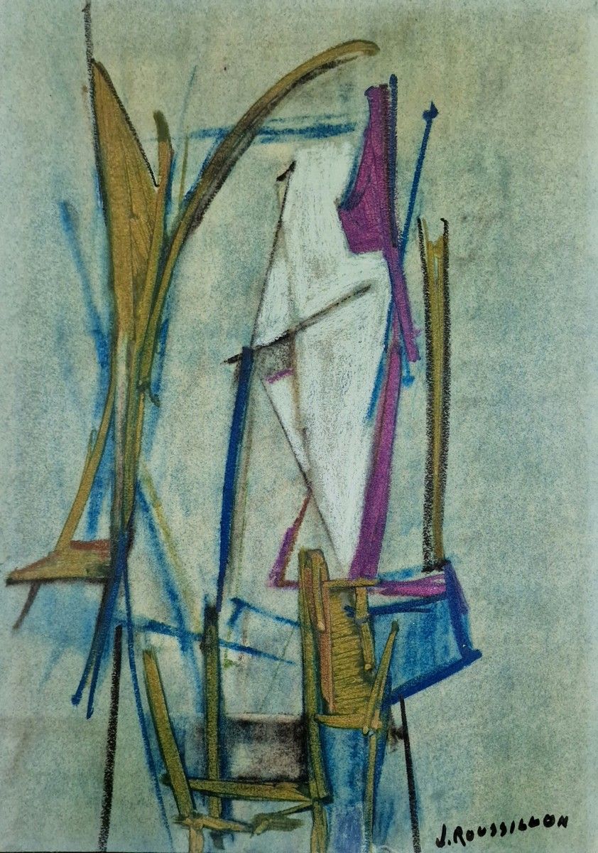 Null 让-鲁西龙 (1923-2004)
一套四幅纸上书法作品，包括
- 蓝色背景的构图
右下方有签名
50 x 65厘米
(右下角折叠)
- 以绿色为背景&hellip;