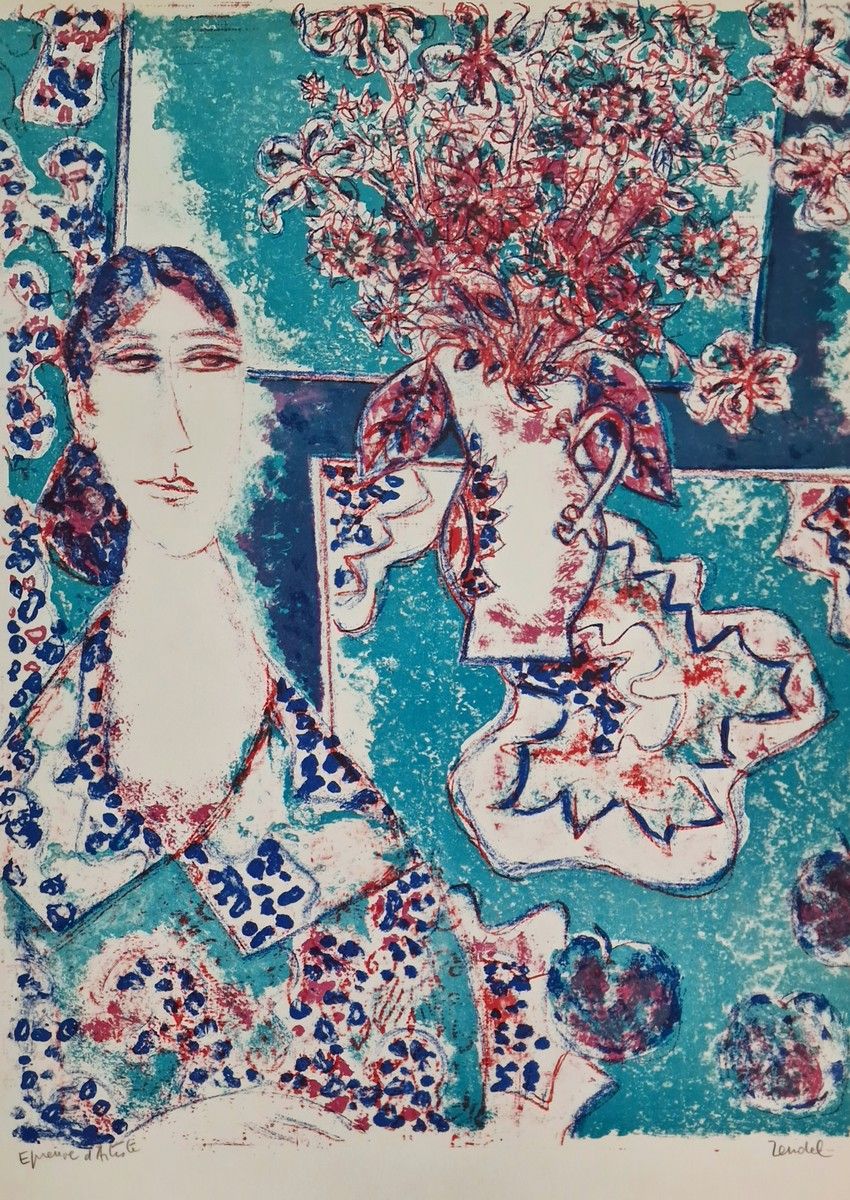 Null 加布里埃尔-赞德尔 (1906-1992)
一套四幅石印画，包括
- 蓝色背景下手持花束的女人
右下方有签名，艺术家的证明
75 x 57厘米
- 红&hellip;