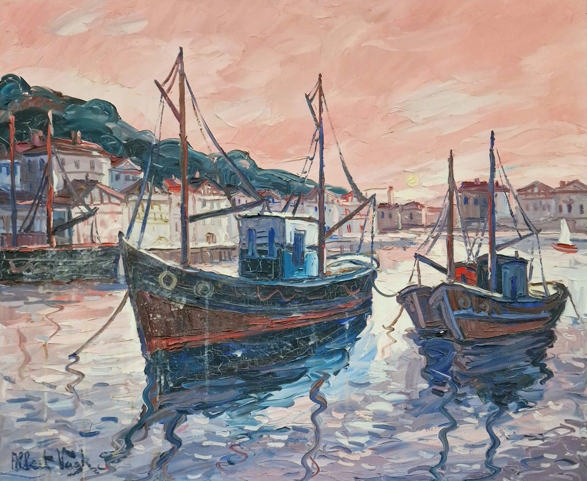 Null 阿尔伯特-瓦格-魏因曼(1931-1983)
一套三幅油彩画，包括
- 港口的夕阳
右下角有签名，背面有会签、标题和日期，1982年
54 x 65 &hellip;