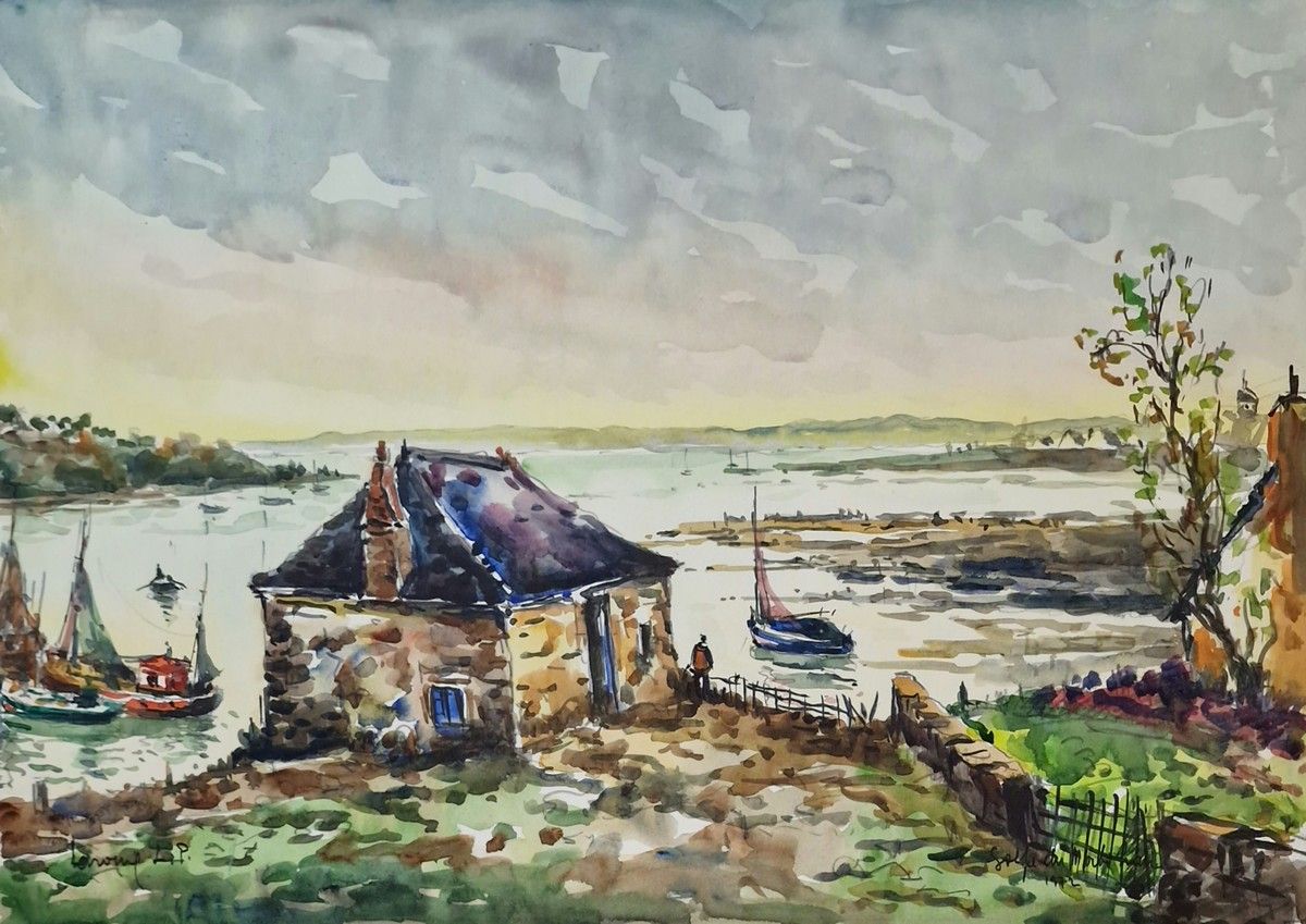 Null Jean-Pierre LAVOINE (20世纪)
一套四件卡通水彩画，包括
- 莫尔比昂海湾
左下角有签名，位于右下角，背面有反签名和反定位
49&hellip;