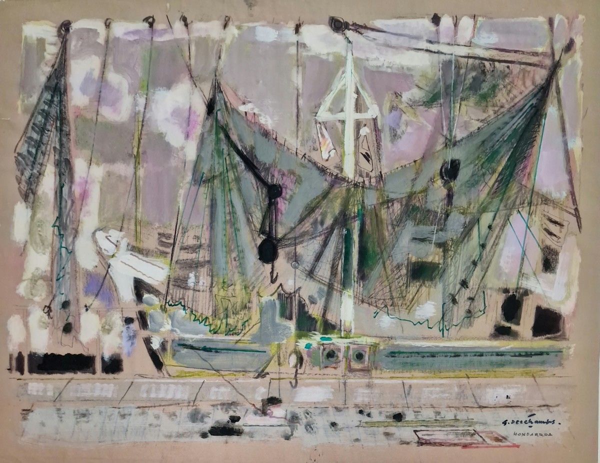 Null 加布里埃尔-戴尚思 (1919-?)
一套三幅纸上混合技法，包括 
- 港口景色
右下方有签名和定位 "Hondarroa"。
55,5 x 69 c&hellip;
