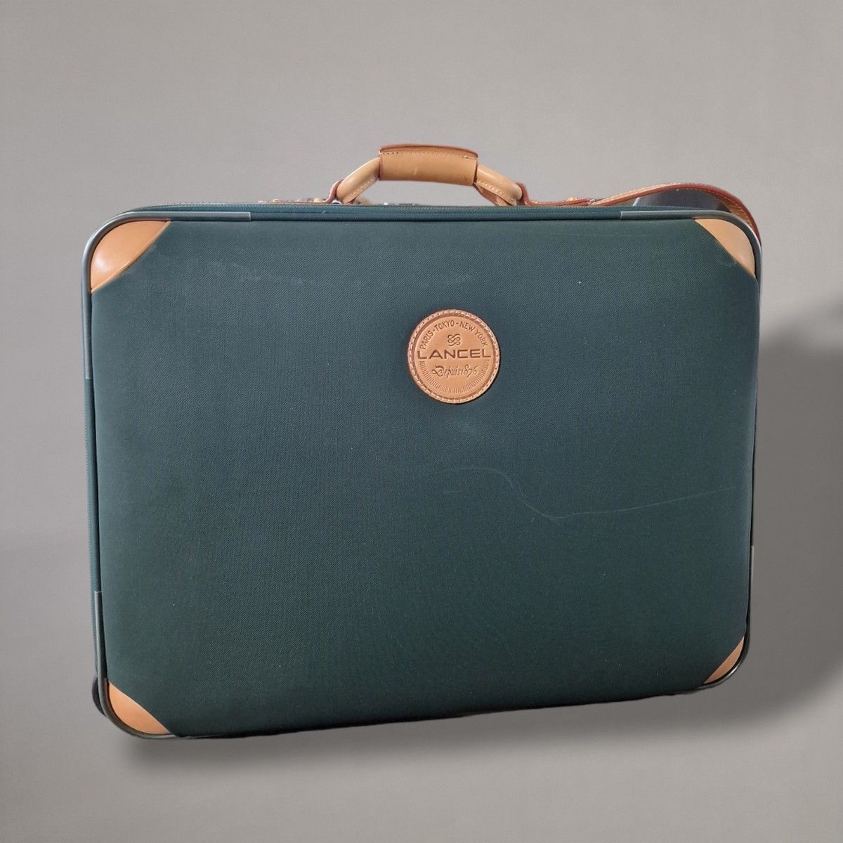 Null LANCEL Paris - Green nylon suitcase with tan leather insert at the corners,&hellip;