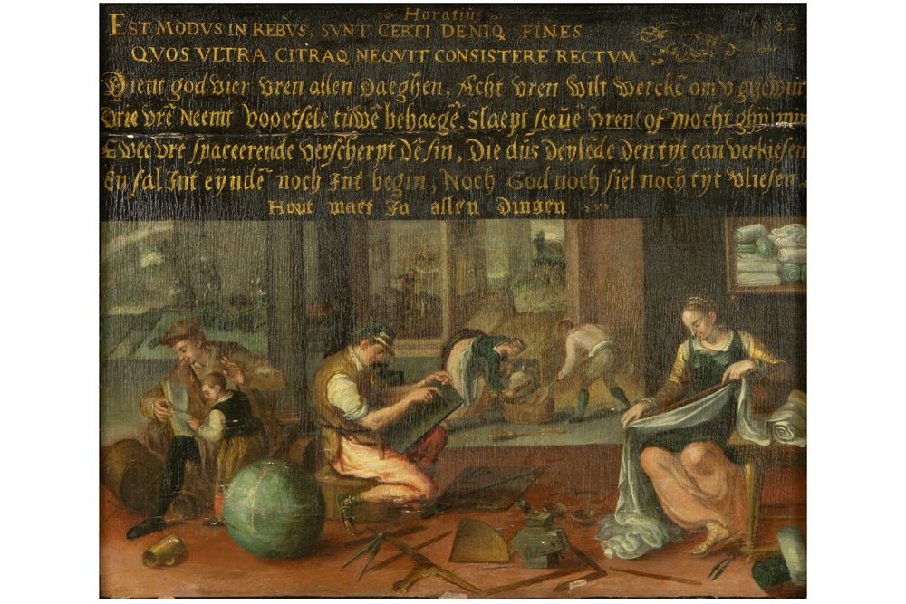 Null FLANDERS - 16°EEUW 油画板，上面有贺拉斯的弗拉芒语文字，下面是一个高度生动的家庭场景，日期为1582年 - 41 x 50 由Jea&hellip;