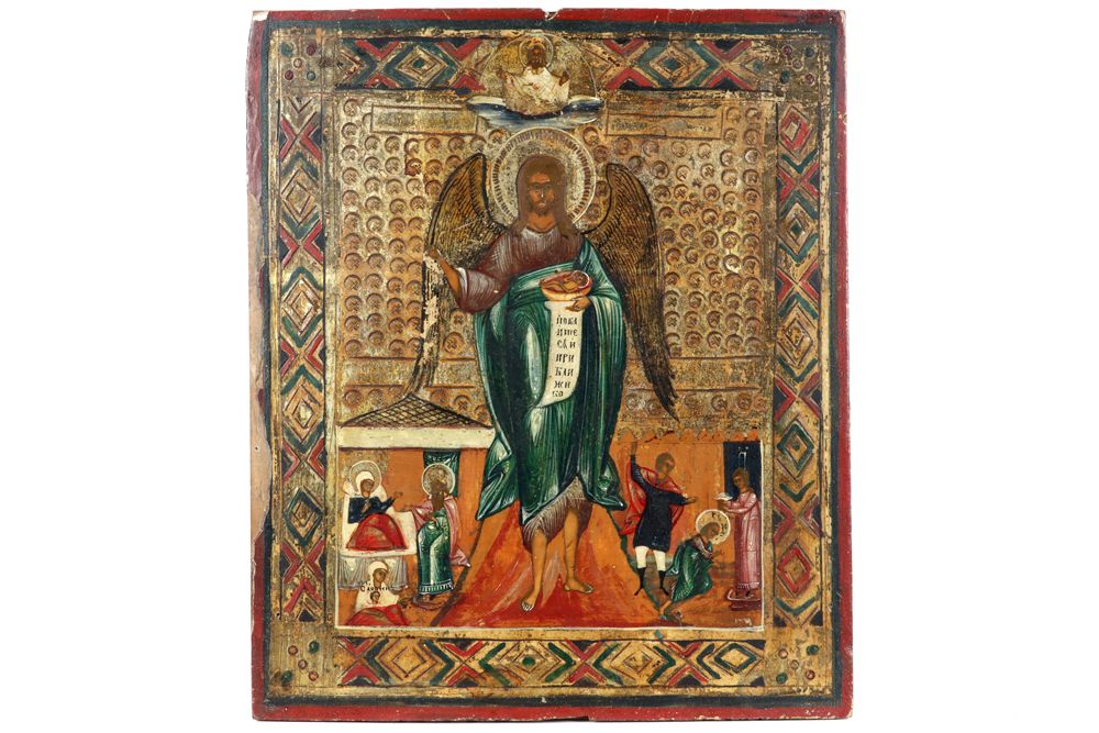 Null 十九世纪俄罗斯圣像，带翅膀的人物与婴儿 - 31 x 26.5