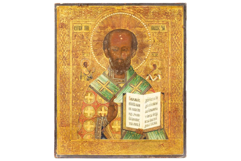 Null Icono ruso del siglo XIX con santo con libro - 31 x 26