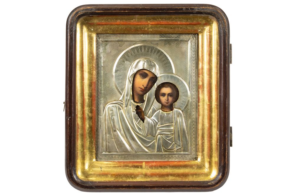 Null 带边框的十九世纪俄罗斯圣像："圣母与圣婴" - 17 x 13.5