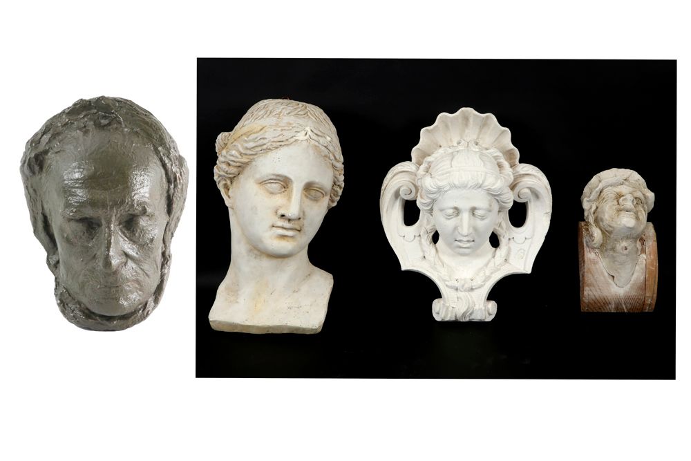 Null Lot with plaster items : three wall sculptures and a death mask, probably b&hellip;
